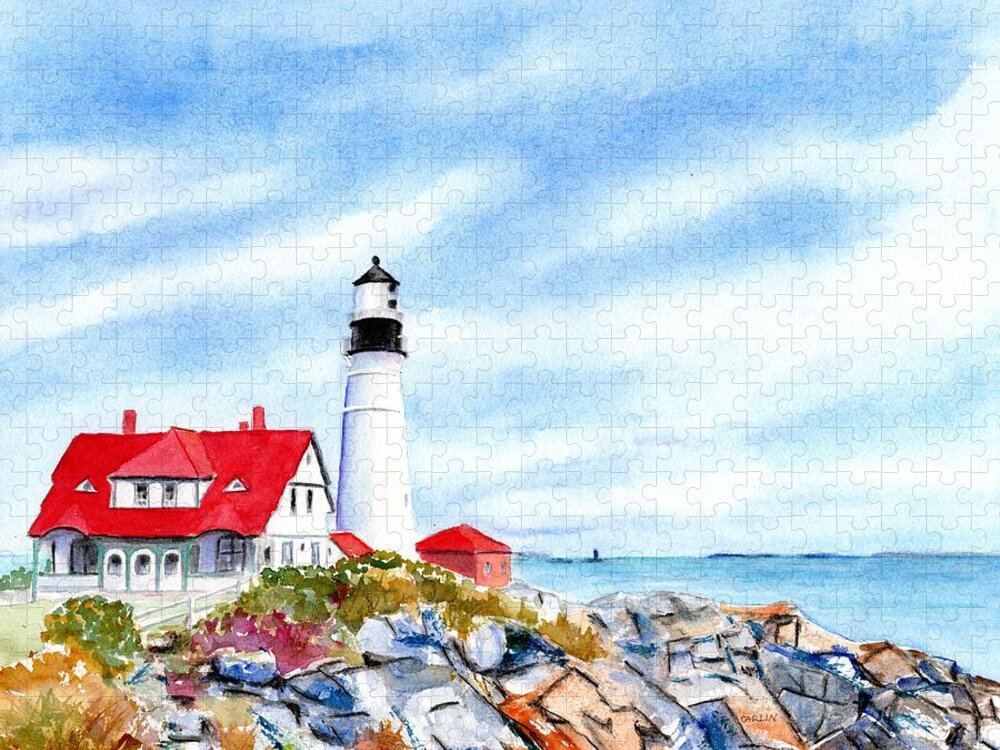 Portland Head Light Jigsaw Puzzle featuring the painting Portland Head Lighthouse Maine by Carlin Blahnik CarlinArtWatercolor