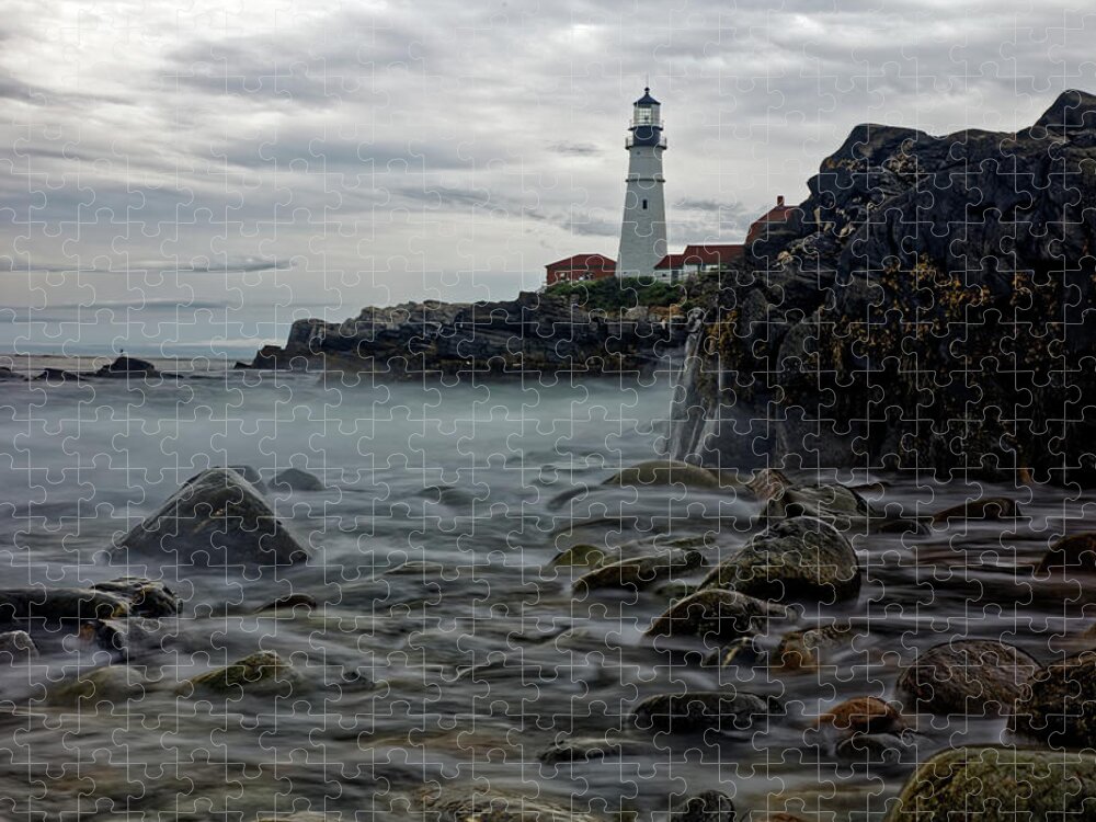 Portland Jigsaw Puzzle featuring the photograph Portland Head Lighthouse, ME, Time exposure Waves by Doolittle Photography and Art