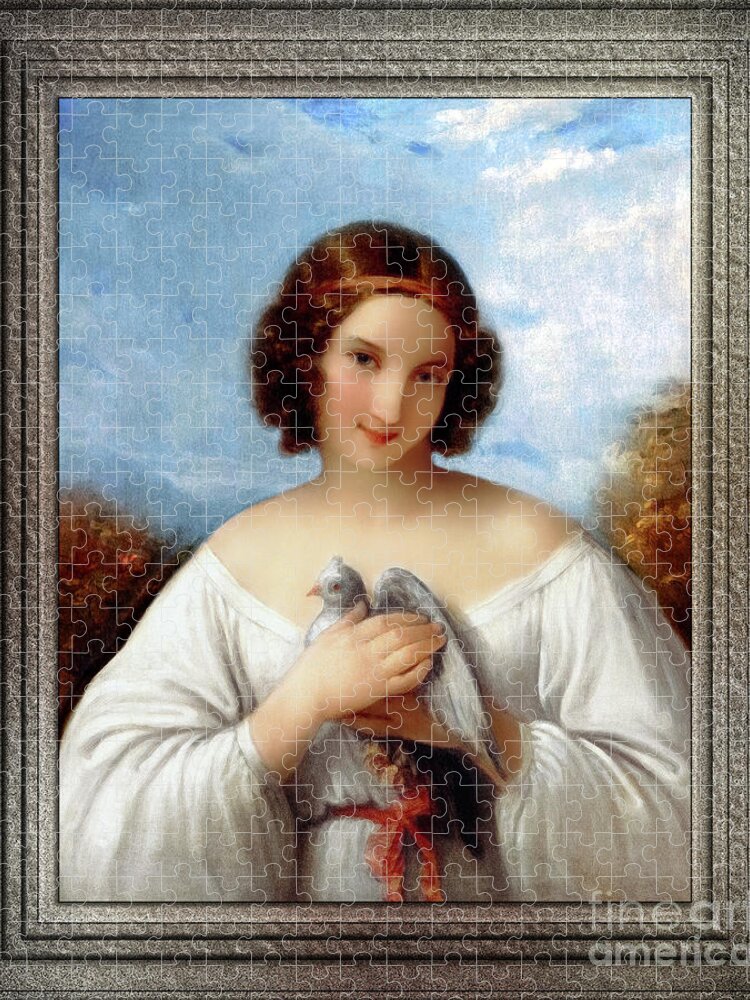 Portrait Of A Young Girl With A Dove Jigsaw Puzzle featuring the painting Portrait of a Young Girl with a Dove by Natale Schiavoni Old Masters Reproduction by Rolando Burbon