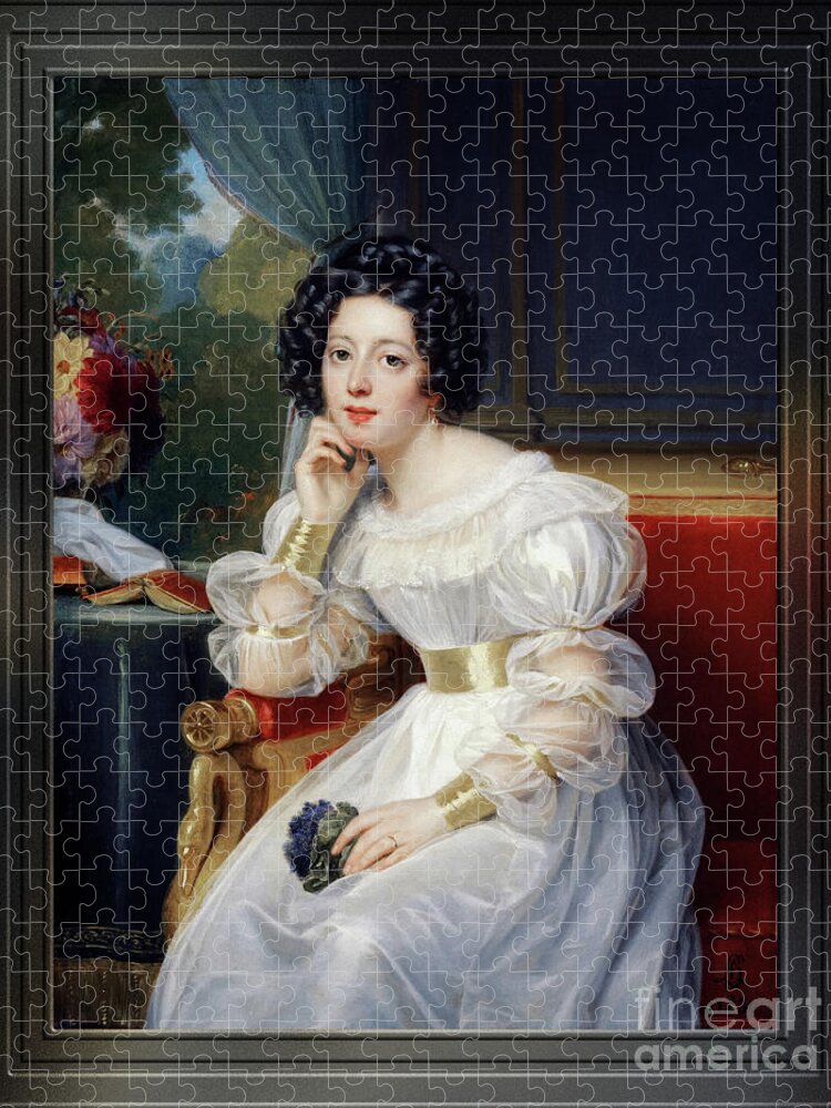 Portrait Of A Young Lady Jigsaw Puzzle featuring the painting Portrait Of A Young Lady by Louis Hersent Fine Art Old Masters Reproduction by Rolando Burbon