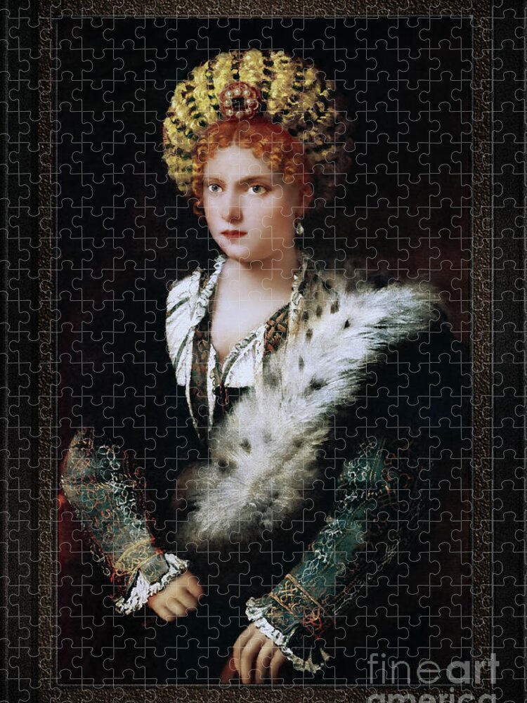 Portrait D`isabella D`este Jigsaw Puzzle featuring the painting Portrait of Isabel of Este by Tiziano Vecellio by Tiziano Vecellio Fine Art Old Masters Reproduction by Rolando Burbon