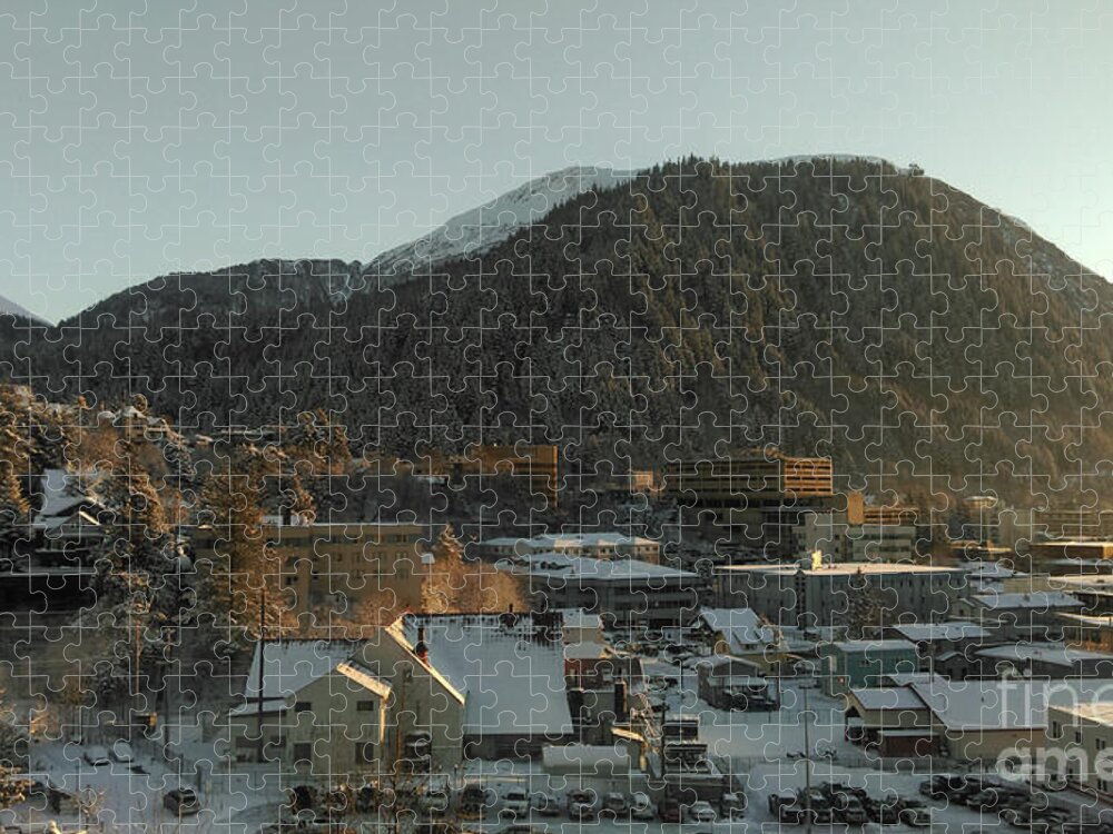 #juneau #alaska #ak #winter #cold #capitalcity #snow #postcard #downtownjuneau #vacation #morning #dawn Jigsaw Puzzle featuring the photograph Postcard Capital by Charles Vice