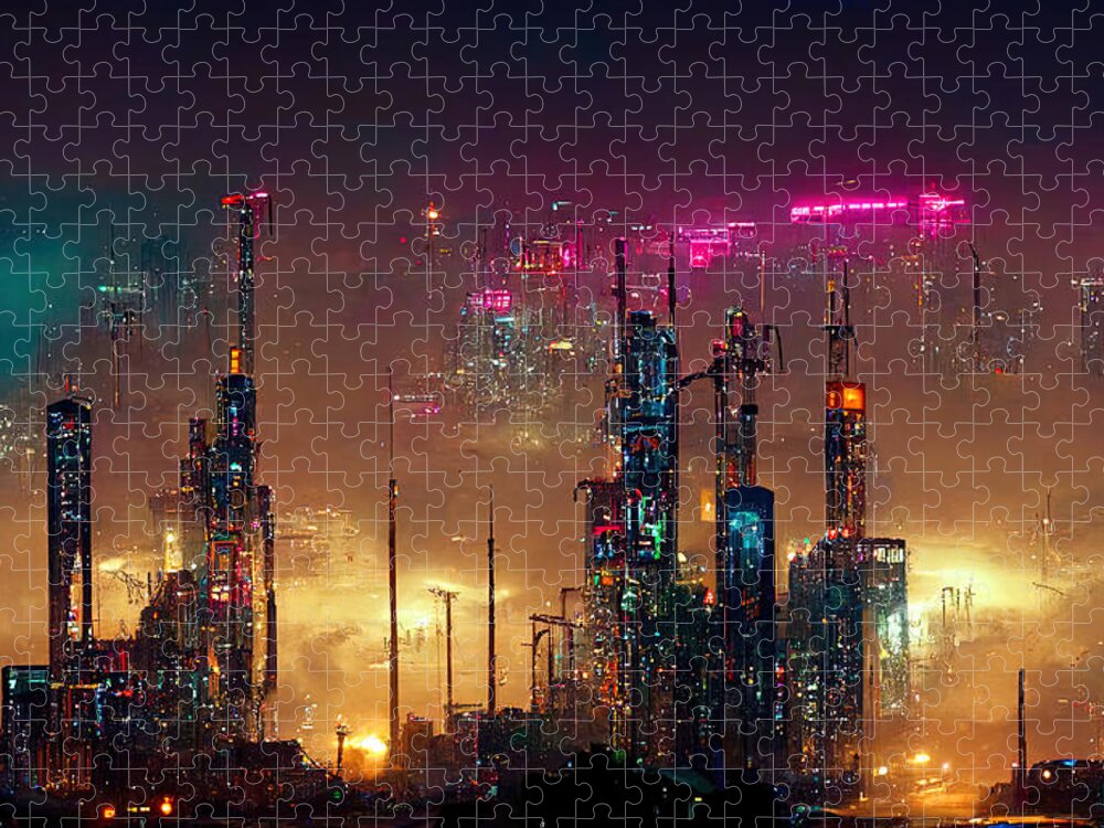 Cyberpunk Jigsaw Puzzle featuring the painting Postcards from the Future - Nameless Metropolis, 04 by AM FineArtPrints