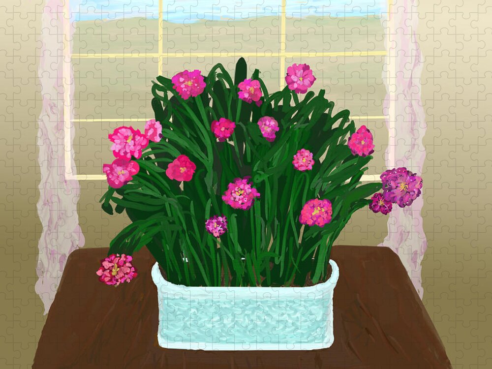 Flowers Jigsaw Puzzle featuring the digital art Potted Flowers By A window by Kae Cheatham
