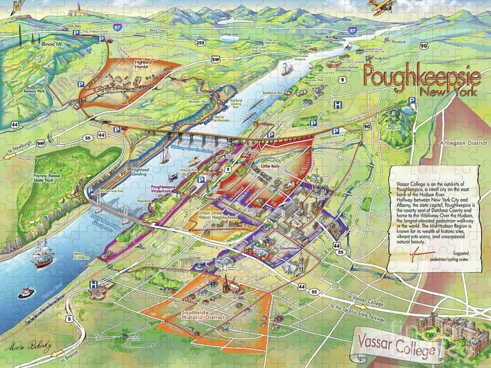 Vassar College Jigsaw Puzzle featuring the digital art Poughkeepsie and Vassar College Illustrated Map by Maria Rabinky