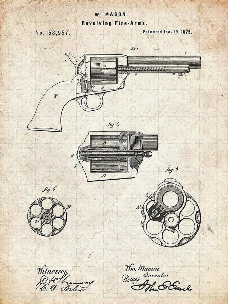 Gun Jigsaw Puzzle featuring the mixed media Pp1119 Vintage Parchment Us Firearms Single Action Army Revolver Patent Poster Cole Borders by Gun Lover