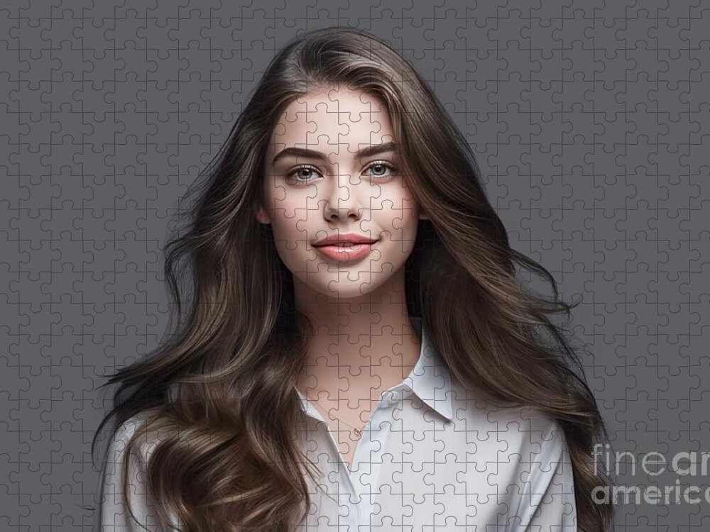 Woman Jigsaw Puzzle featuring the painting premium premium young business woman portrait, Smiling cute girl with long hair studio shot, Isolated on gray background by N Akkash