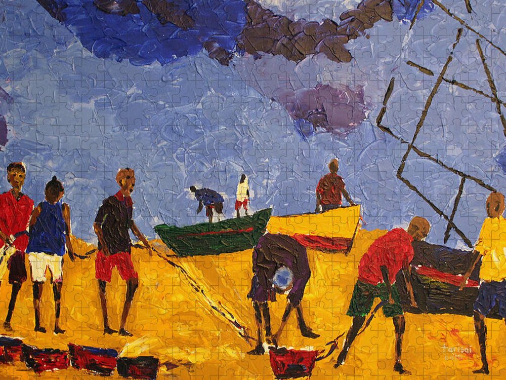African Art Jigsaw Puzzle featuring the painting Preparing For The Catch by Tarizai Munsvhenga
