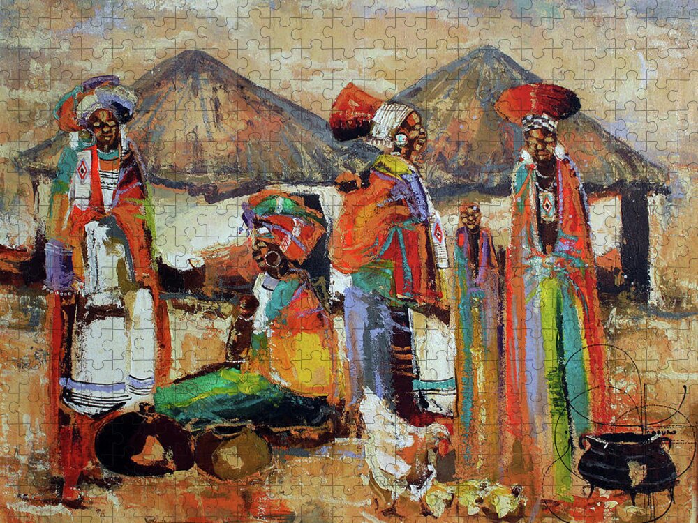 Nni Jigsaw Puzzle featuring the painting Preparing The Feast by Ndabuko Ntuli