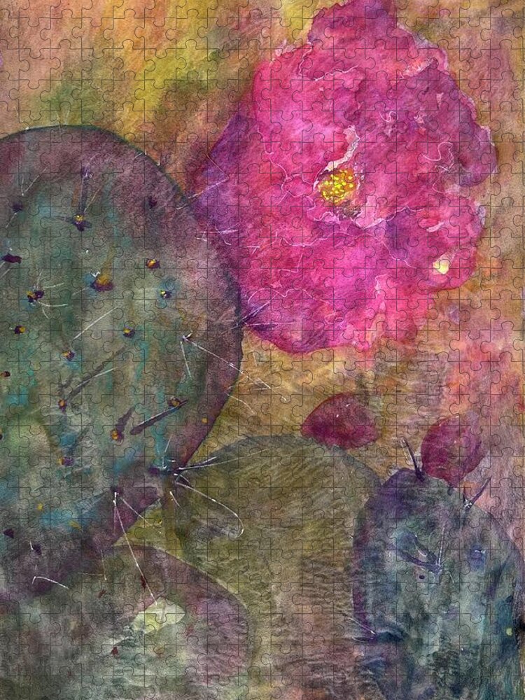 Cactus Jigsaw Puzzle featuring the painting Prickly Pear Bloom by Cheryl Prather