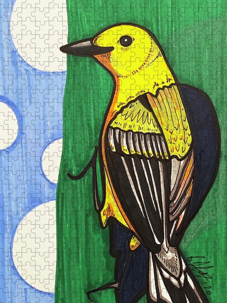 Prothonotary Warbler Jigsaw Puzzle featuring the drawing Prothonotary Warbler by Creative Spirit