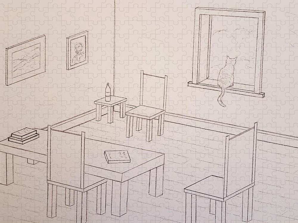 Sketch Jigsaw Puzzle featuring the drawing Provence Parlor by John Klobucher