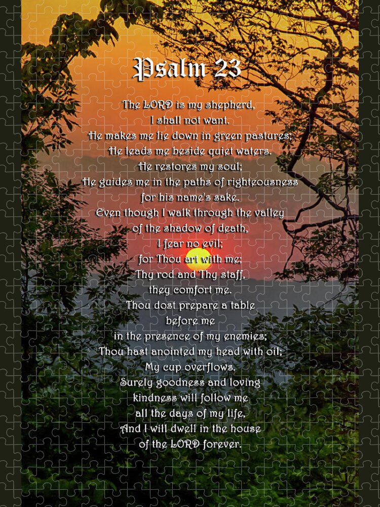 Psalm 23 Jigsaw Puzzle featuring the mixed media Psalm 23 Prayer Over Sunset Landscape by Christina Rollo
