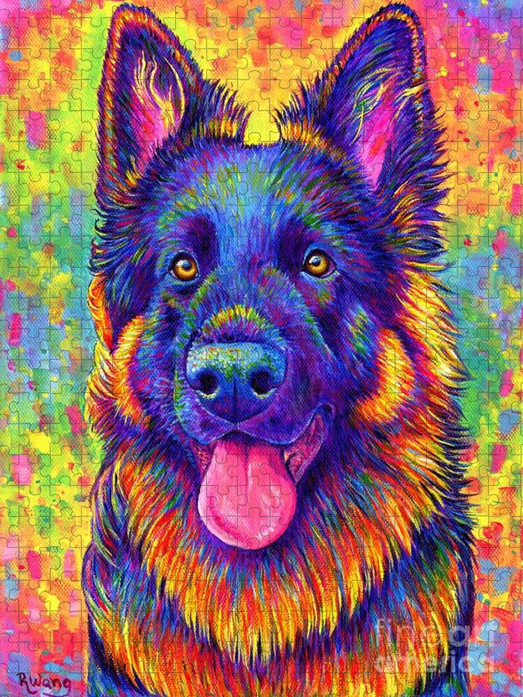 German Shepherd Jigsaw Puzzle featuring the painting Psychedelic Rainbow German Shepherd Dog by Rebecca Wang