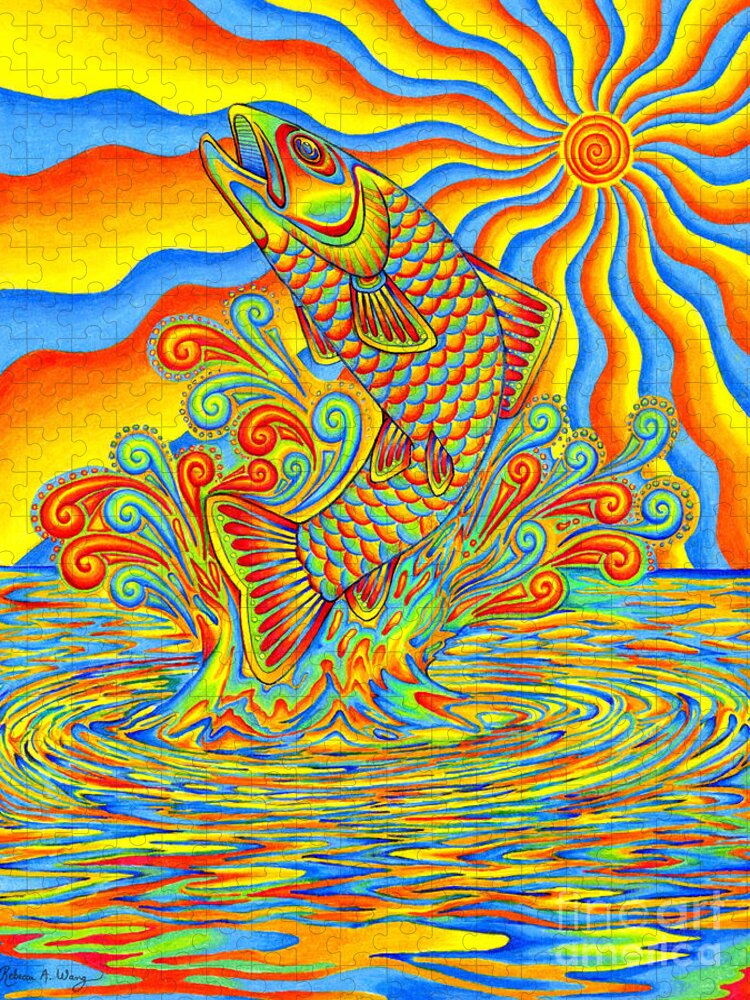Psychedelic Jigsaw Puzzle featuring the drawing Psychedelic Rainbow Trout Fish by Rebecca Wang
