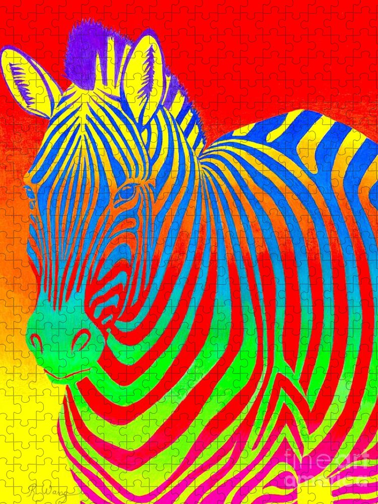 Zebra Jigsaw Puzzle featuring the drawing Psychedelic Rainbow Zebra by Rebecca Wang