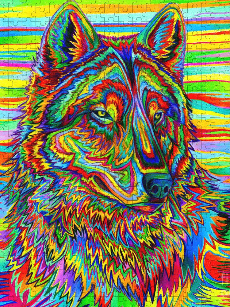 Psychedelic Jigsaw Puzzle featuring the drawing Psychedelic Wolf by Rebecca Wang