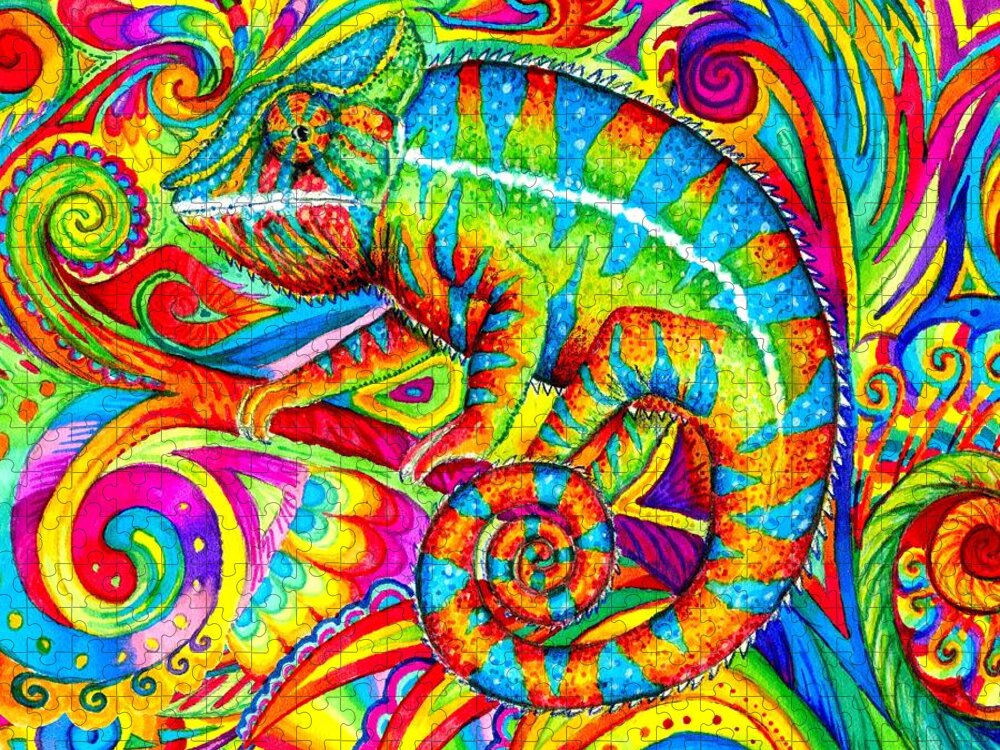 Chameleon Jigsaw Puzzle featuring the drawing Psychedelizard - Psychedelic Rainbow Chameleon by Rebecca Wang