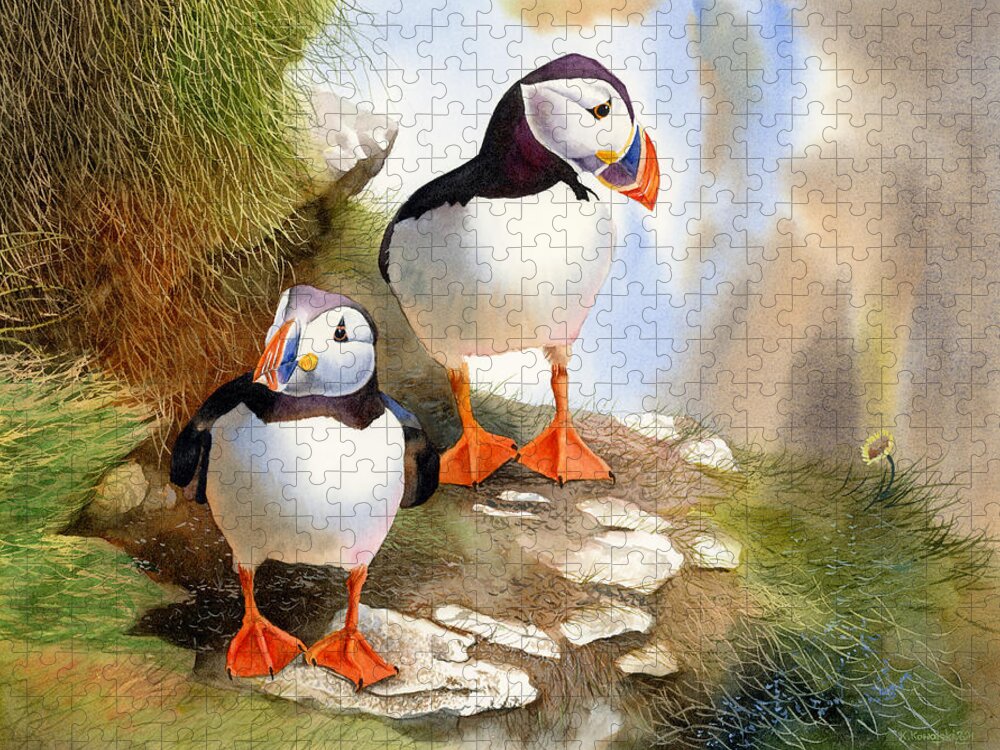 Puffins Jigsaw Puzzle featuring the painting Puffins by Espero Art