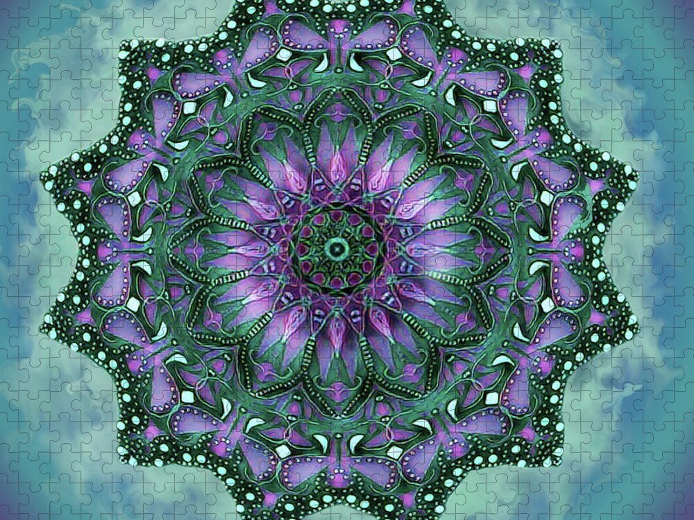 Digital Art Jigsaw Puzzle featuring the digital art Purple and Green Mandala by Artful Oasis