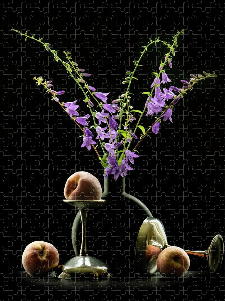 Still Life Jigsaw Puzzle featuring the photograph Purple Bells and Peaches by Maggie Terlecki
