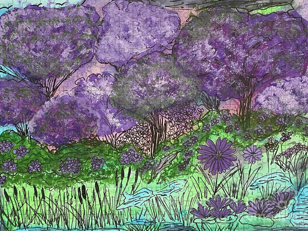 Purple Jigsaw Puzzle featuring the mixed media Purple Doodle Scene by Lisa Neuman