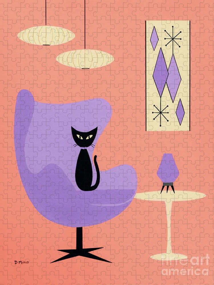 Mid Century Modern Black Cat Jigsaw Puzzle featuring the mixed media Purple Egg Chair with Diamonds by Donna Mibus