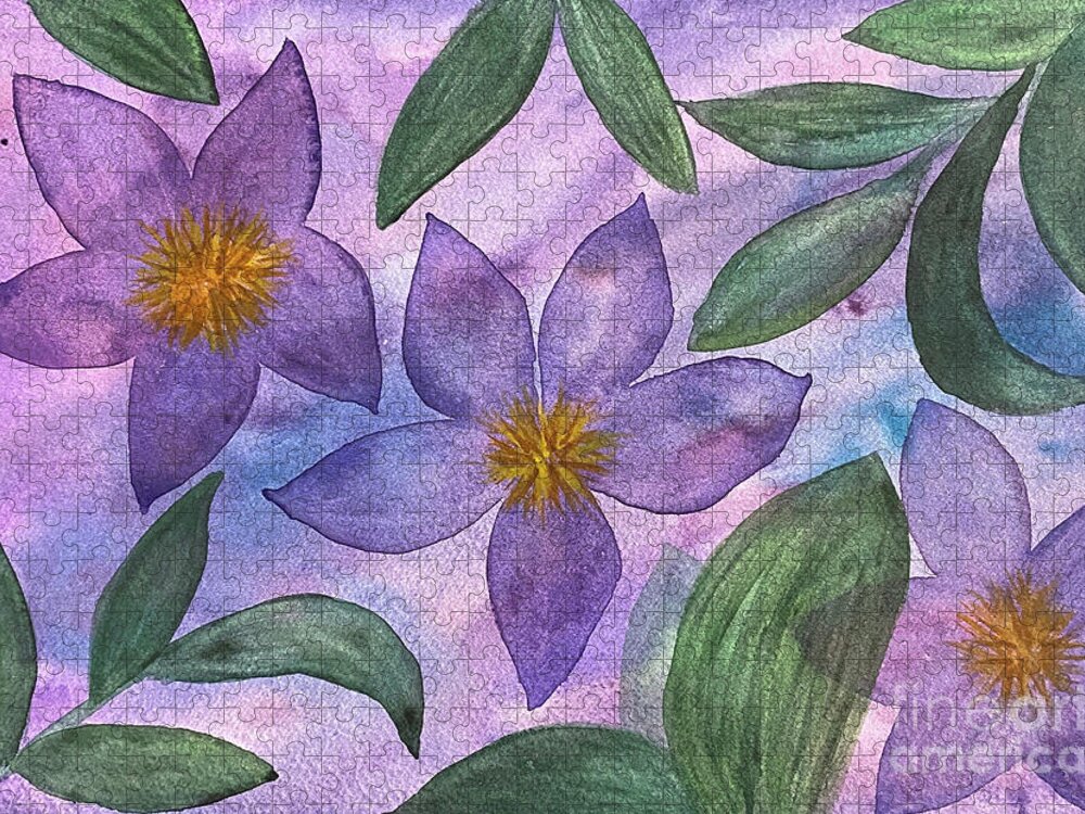 Purple Flowers Jigsaw Puzzle featuring the painting Purple Flowers by Lisa Neuman