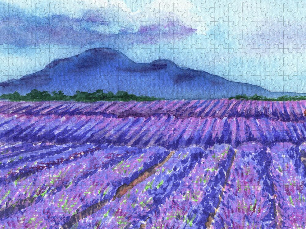 Lavender Jigsaw Puzzle featuring the painting Purple Lavender Field Blue Mountains Watercolor Landscape by Irina Sztukowski