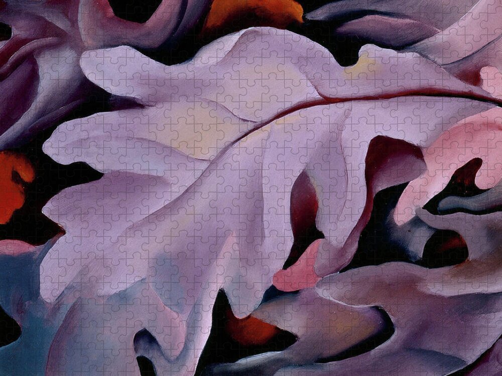 Georgia O'keeffe Jigsaw Puzzle featuring the painting Purple leaves - Abstract modernist nature painting by Georgia O'Keeffe