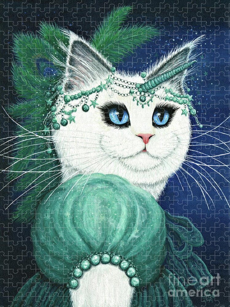 Princess Cat Jigsaw Puzzle featuring the painting Purrincess Isadora - White Cat Unicorn Princess by Carrie Hawks