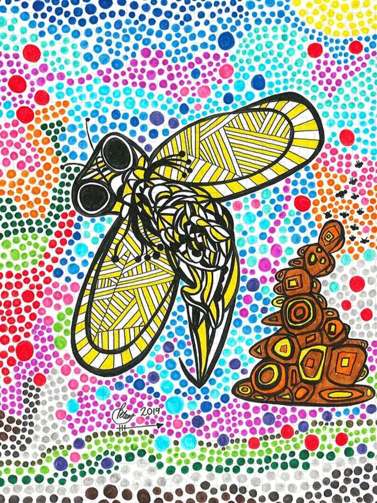 Bumble Bee Jigsaw Puzzle featuring the drawing Funky Bee by Peter Johnstone