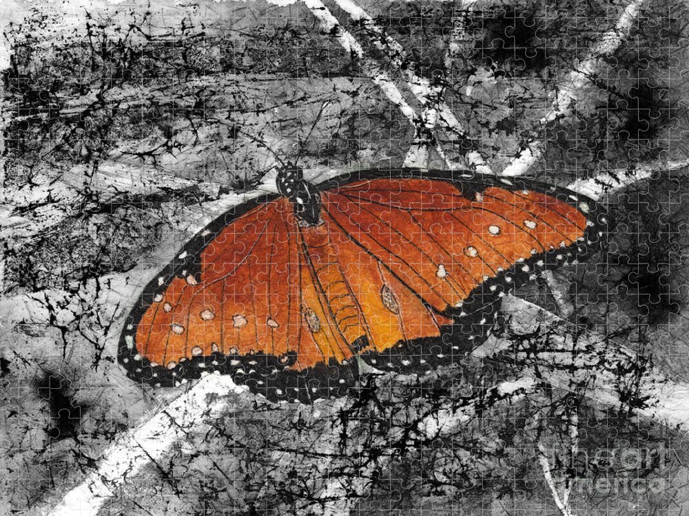 Butterfly Jigsaw Puzzle featuring the digital art Queen Butterfly in Selective Color from Watercolor Batik by Conni Schaftenaar