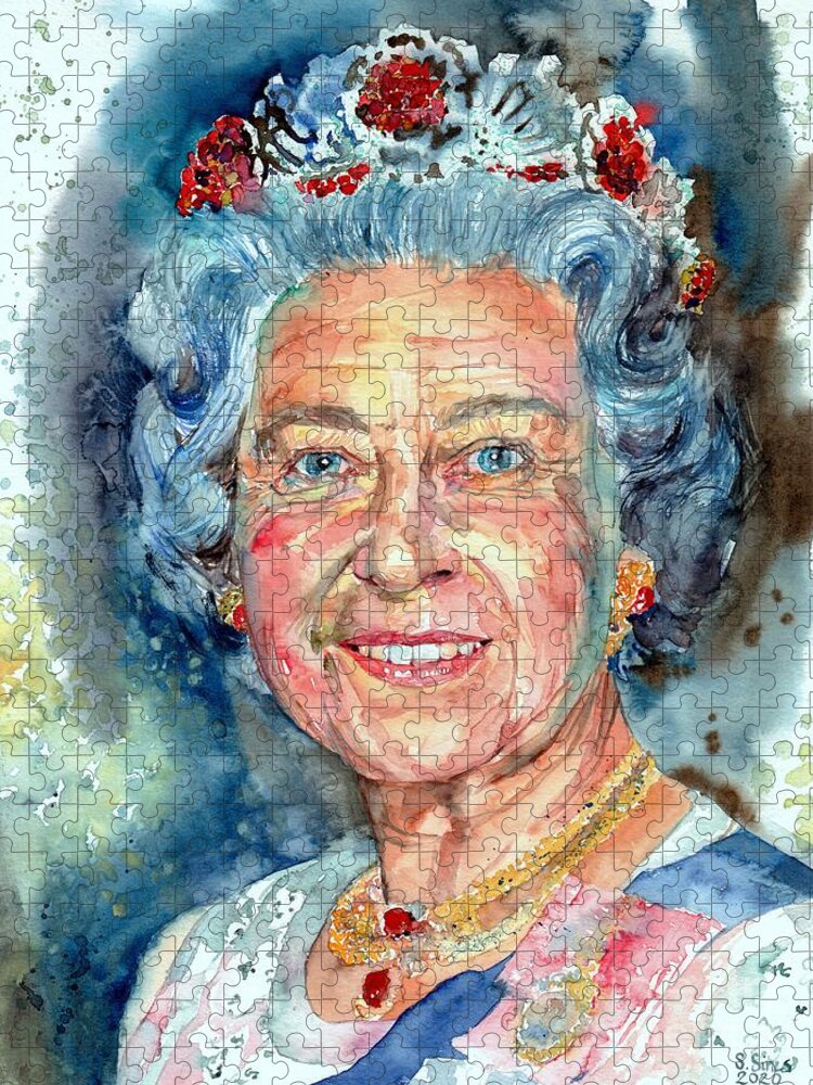 Queen Jigsaw Puzzle featuring the painting Queen Elizabeth II Portrait by Suzann Sines