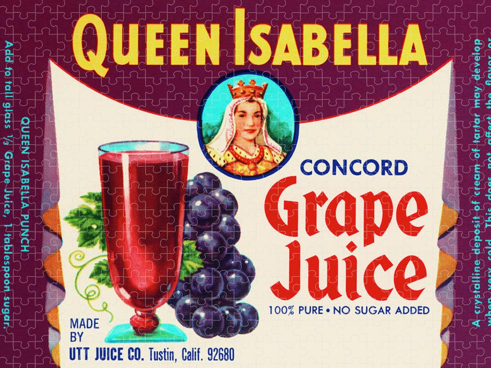 Vintage Jigsaw Puzzle featuring the drawing Queen Isabella Concord Grape Juice by Vintage Food Labels