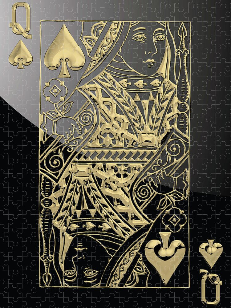 'gamble' Collection By Serge Averbukh Jigsaw Puzzle featuring the digital art Queen of Spades in Gold on Black  by Serge Averbukh