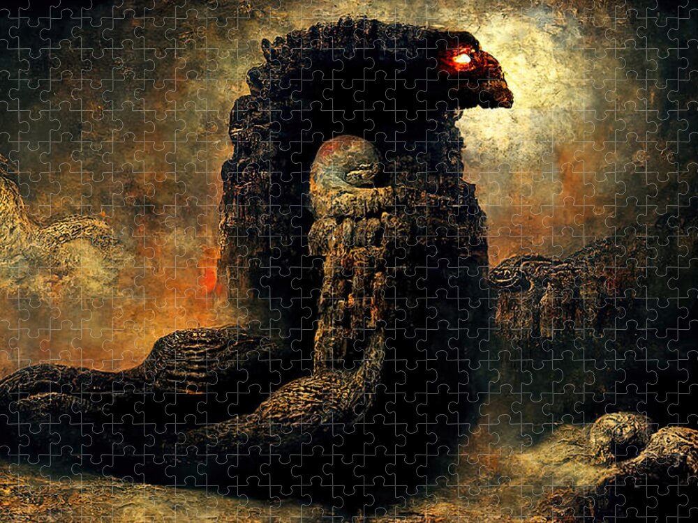 Ancient Jigsaw Puzzle featuring the painting Quetzalcoatl, The Serpent God, 02 by AM FineArtPrints