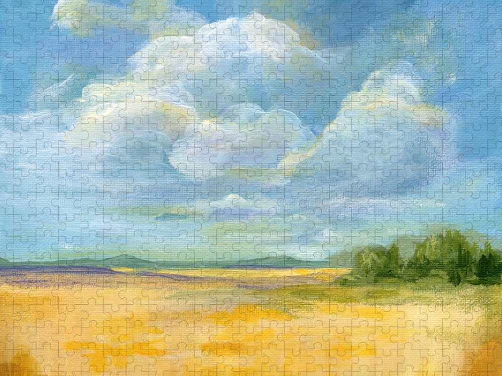 Landscape Jigsaw Puzzle featuring the painting Quiet - Nebraska Skies by Annie Troe