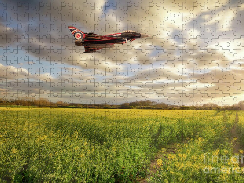 Raf Jigsaw Puzzle featuring the photograph RAF Typhoon Eurofighter jet flying over rapeseed crops by Simon Bratt