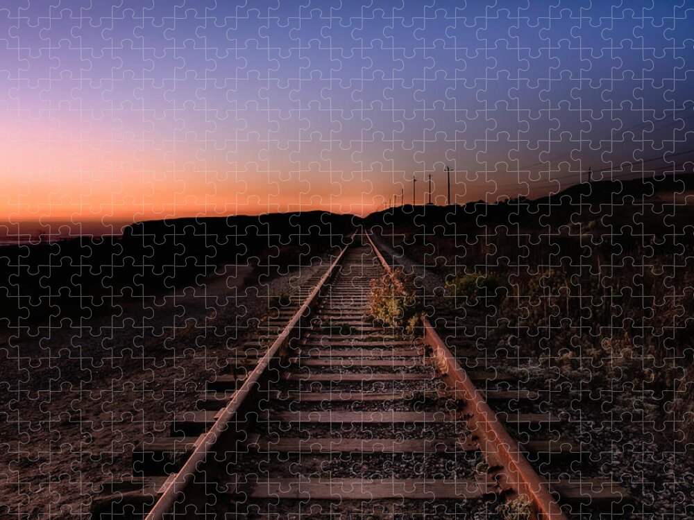 Sunset Jigsaw Puzzle featuring the photograph Railroad Tracks Leading To Sunset by Gary Geddes