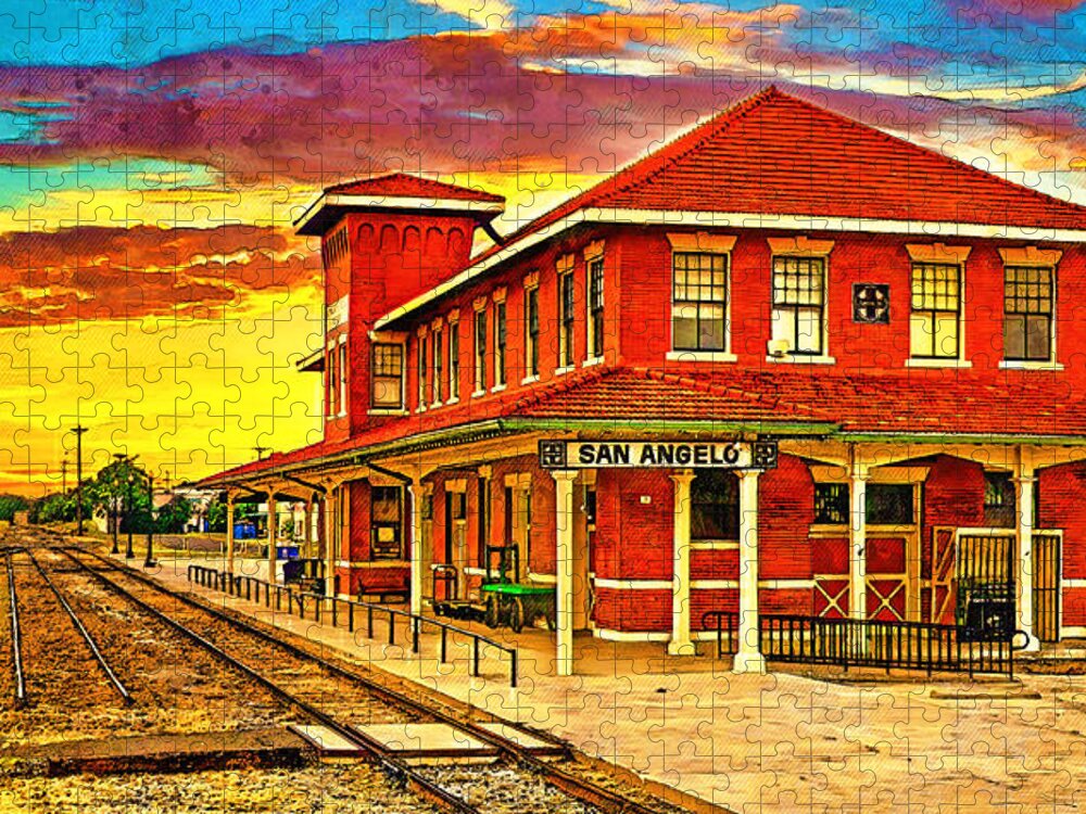 Railway Museum Jigsaw Puzzle featuring the digital art Railway Museum of San Angelo, Texas, at sunset - digital painting by Nicko Prints
