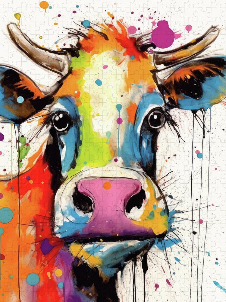 Cow Jigsaw Puzzle featuring the painting Rainbow Cow by Tina LeCour