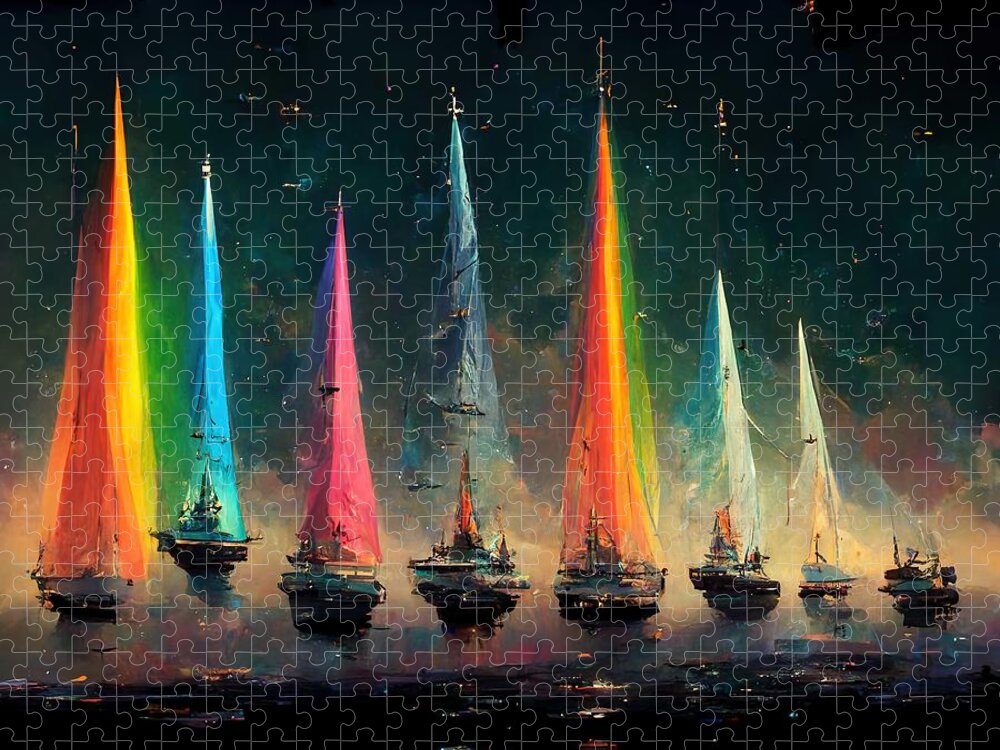 Sailing Jigsaw Puzzle featuring the digital art Rainbow Fleet by Nickleen Mosher