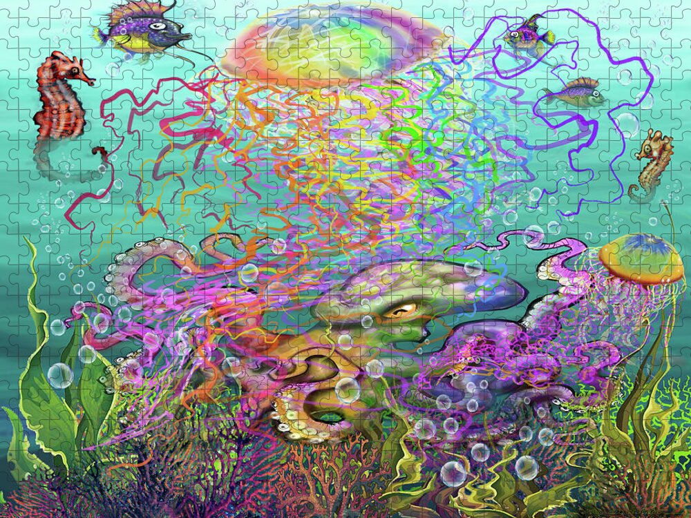 Rainbow Jigsaw Puzzle featuring the digital art Rainbow Jellyfish and Friends by Kevin Middleton