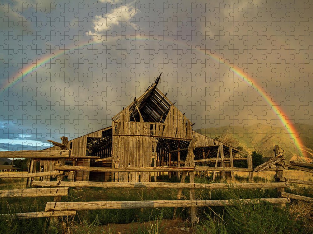 Barn Jigsaw Puzzle featuring the photograph Rainbow over Mapleton Barn by Wesley Aston