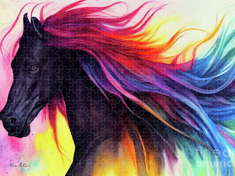 Black Stallion Jigsaw Puzzle featuring the painting Rainbow Stallion by Tina LeCour