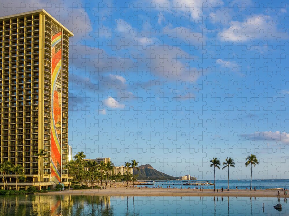Waikiki Jigsaw Puzzle featuring the photograph Rainbow tower frames the shore in Waikiki Hawaii by Steven Heap