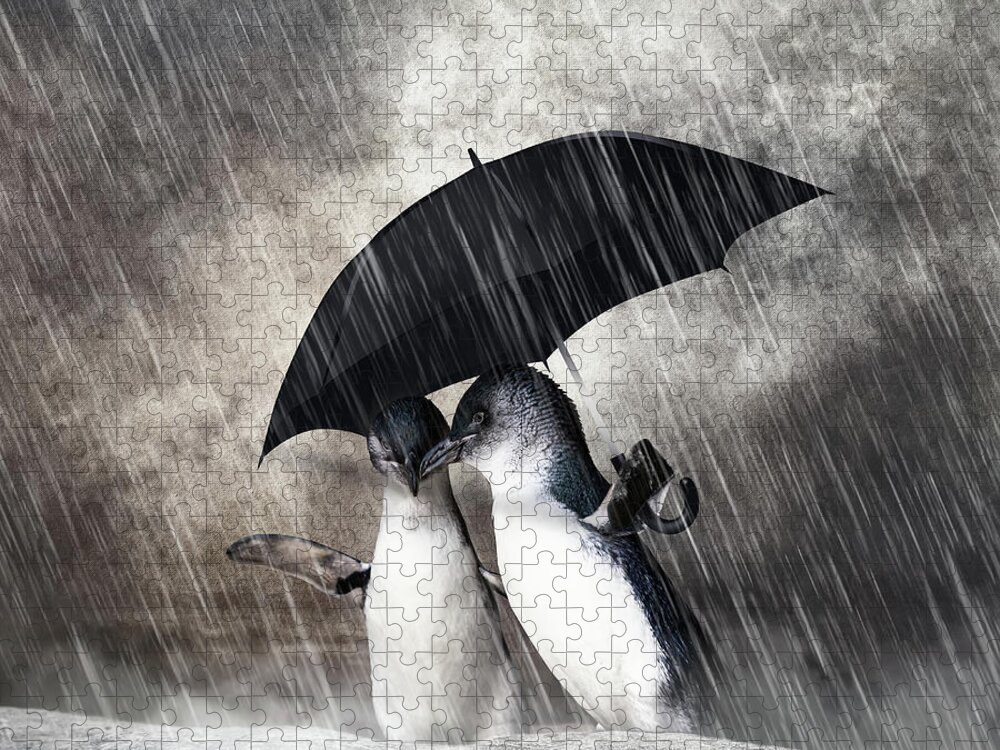 Penguin Jigsaw Puzzle featuring the mixed media Rainy Date by Ed Taylor