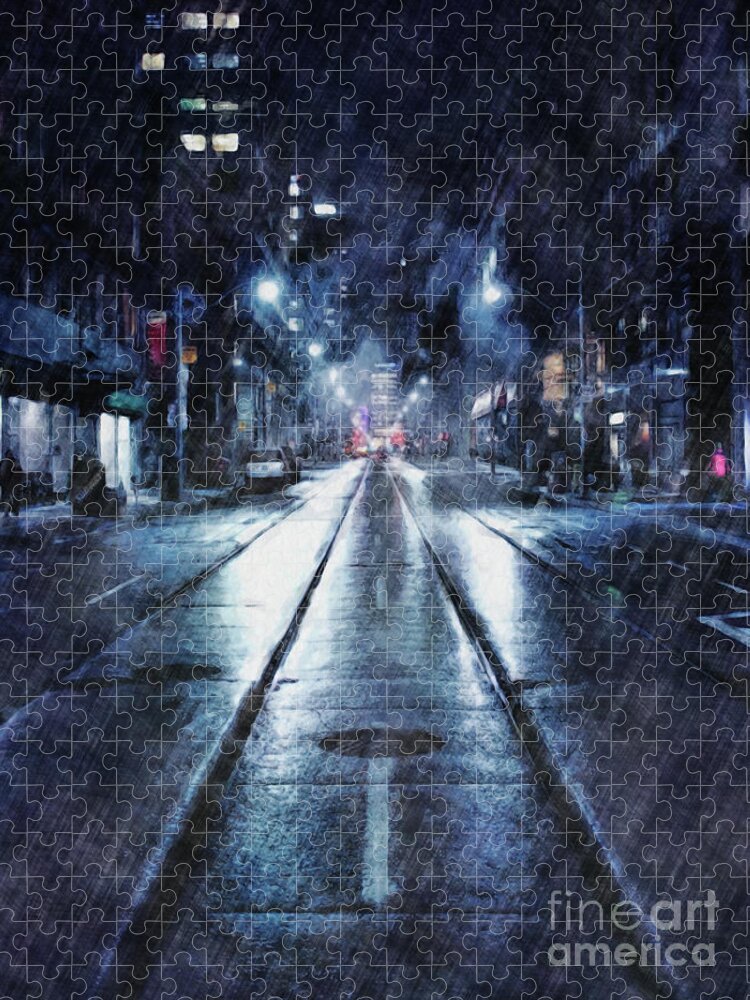 Weather Jigsaw Puzzle featuring the digital art Rainy Night Downtown by Phil Perkins