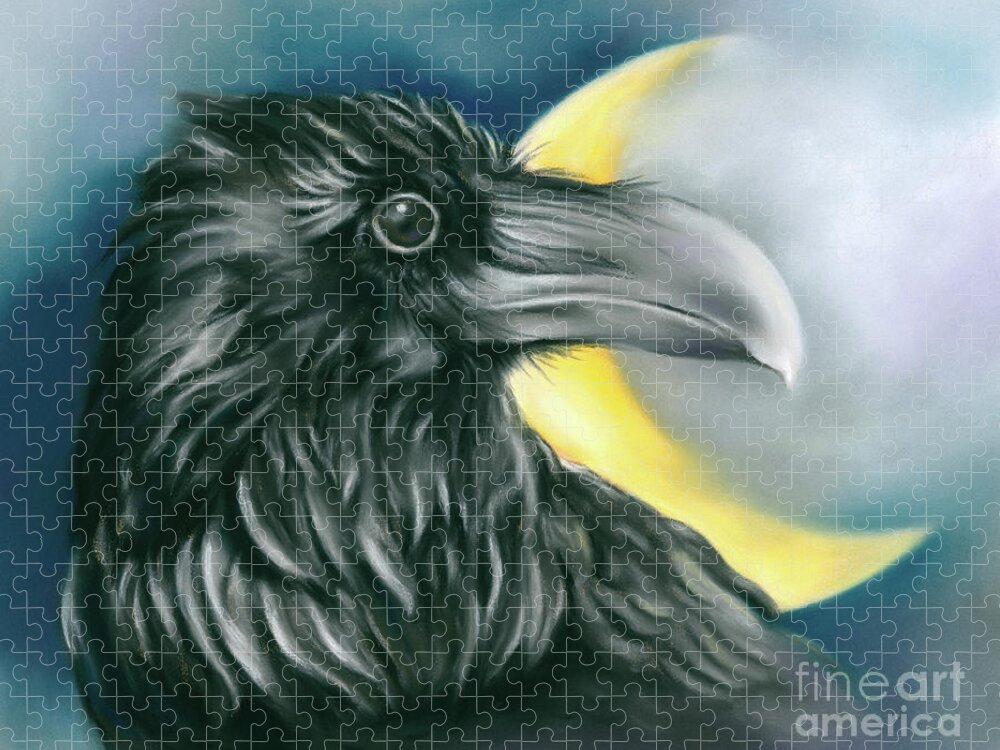 Bird Jigsaw Puzzle featuring the painting Raven and Crescent Moon by MM Anderson